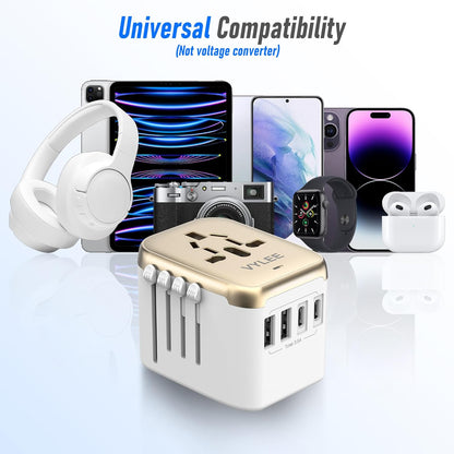 Universal International Power Travel Plug Adapter, 5 in 1 European Travel Plug Adapter W/ 3.5A 2xUSB-A and 2xUSB C Wall Charger and Worldwide AC Outlet for Europe USA UK AUS Asia (White Gold)