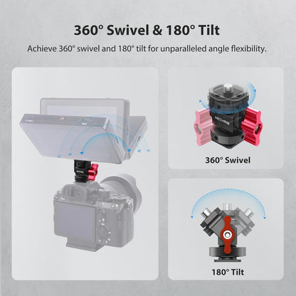 Mini Camera Monitor Mount with Cold Shoe, Aluminum Field Monitor Mount with 1/4″ Screw for LED Light Mic Cage, Cold Shoe Adapter 360° Swivel & 180° Tilt Damping (with Knob 63142)