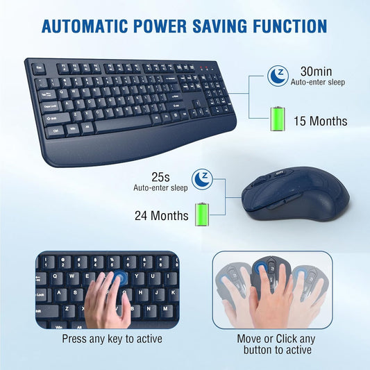 Wireless Keyboard and Mouse Combo, EDJO 2.4G Full-Sized Ergonomic Computer Keyboard with Wrist Rest and 3 Level DPI Adjustable Wireless Mouse for Windows, Mac OS Desktop/Laptop/PC(Galaxy Blue)