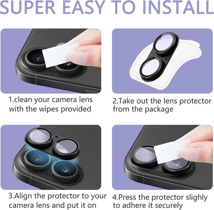 2 Pack Camera Lens Protector for iPhone 16 / iPhone 16 Plus,[Not Easy to Breakn ] AR Tempered Glass Strong Adsorption Metal Camera Cover Screen-Black