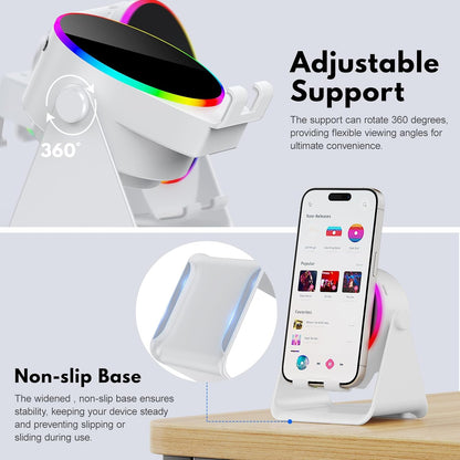 Wireless Induction Speaker, 4 in 1 Bluetooth Speaker Phone Stand with RGB Light, 360° Rotation Phone Holder Compatible with iPhone Android iPad Samsung Galaxy, Birthday Gift for Men Women