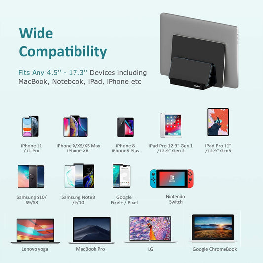 Vertical Laptop Stand - SPACEMax Adjustable GRIPLock Anti-Tip Silicone 4 Slots Aluminum Desktop Holder - Double Dock Stand - 2 Phone Slots Fits Up to 17.3” Laptops, Tablets, Phones - Black