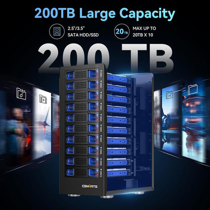 10 Bay Hard Drive Enclosure with Cooling Fan for 2.5/3.5" SATA HDD/SSD with USB A/C 3.0 Cable, 3.5 Hard Drive Enclosure Supports 200TB Capacity, Tool-Free HDD Enclosure, DAS(NO RAID/NAS)