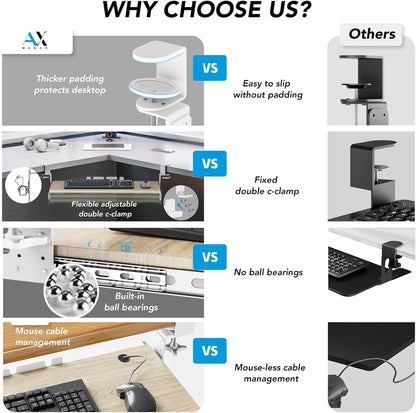 AX WABER Keyboard Tray Under Desk Pull Out with Extra Sturdy C Clamp Mount System, 27.3 (32.5 inch Including Clamps) x 11 Inch Slide-Out Platform Computer Drawer for Typing Grain AX01WG01