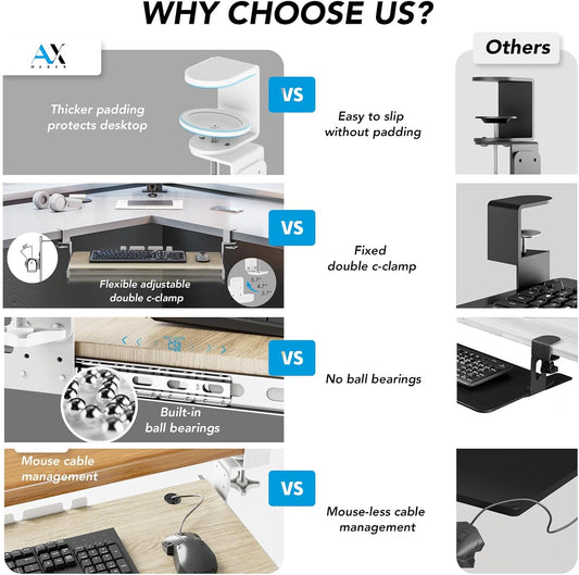 AX WABER Keyboard Tray Under Desk Pull Out with Extra Sturdy C Clamp Mount System, 27.3 (32.5 inch Including Clamps) x 11 Inch Slide-Out Platform Computer Drawer for Typing Grain AX01WG01