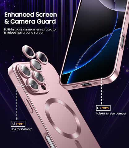 Magnetic for iPhone 16 Pro Case [Compatible with MagSafe][Built-in Camera Lens Protector] Slim Soft Silicone Bumper Shockproof Metallic Luster Phone Case (Rose Gold)