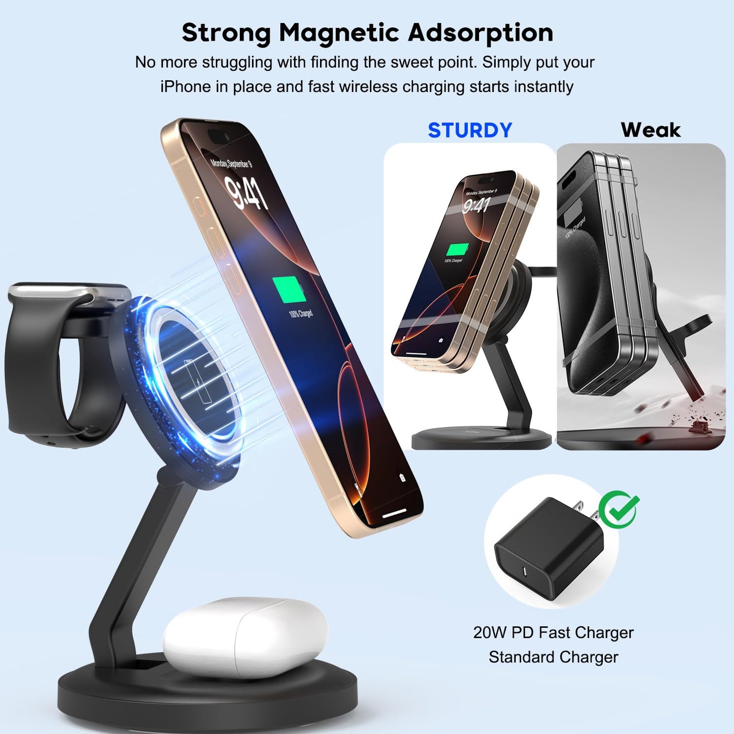 Charging Station, 3 in 1 Foldable Wireless Charger iPhone Charging Station Charger Stand Multiple Devices for Apple, with PD Adapter and USB C Cable for iPhone 17/16/15/14/13,iWatch,AirPods All Series
