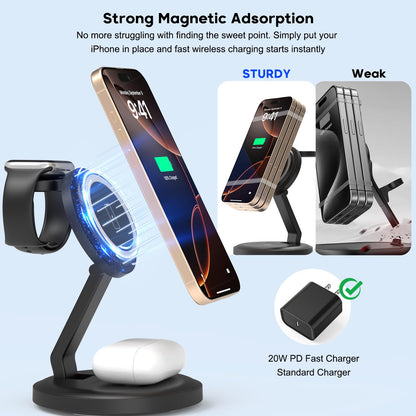 Charging Station, 3 in 1 Foldable Wireless Charger iPhone Charging Station Charger Stand Multiple Devices for Apple, with PD Adapter and USB C Cable for iPhone 17/16/15/14/13,iWatch,AirPods All Series