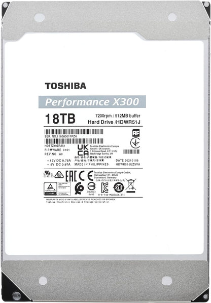 Toshiba X300 18TB Performance & Gaming 3.5-Inch Internal Hard Drive - CMR SATA 6 Gb/s 7200 RPM 512 MB Cache - HDWR51JXZSTA