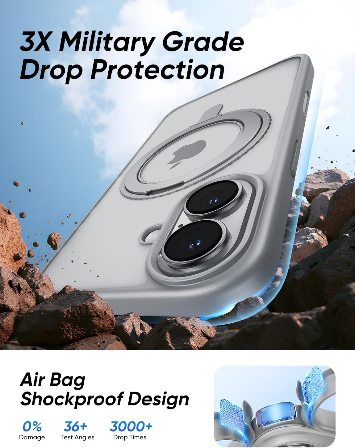 MAGIC JOHN 360° Rotatable Magnetic Invisible Stand for iPhone 16 Case [Camera Control Button] [Compatible with MagSafe] 16FT Shockof for iPhone 16 Case with Kickstand, Gray