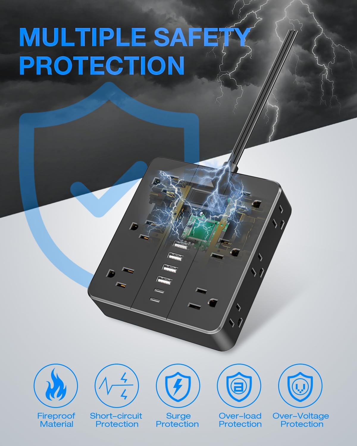 Surge Protector Power Strip 15 Ft Cord, HUNIAN Flat Plug Extension Cord with 12 Widely Spaced Outlets 6 USB Charger (2 USB C Ports), Desk Charging Station for Home Office Supplies, Dorm Room, Black