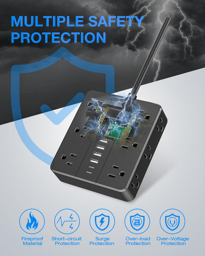 Surge Protector Power Strip 15 Ft Cord, HUNIAN Flat Plug Extension Cord with 12 Widely Spaced Outlets 6 USB Charger (2 USB C Ports), Desk Charging Station for Home Office Supplies, Dorm Room, Black