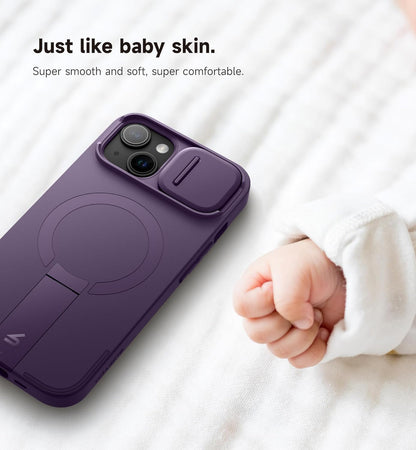 SURITCH for iPhone 15 Case with Magnetic Camera Slide Cover and Adjustable Kickstand, Compatible with MagSafe, Shockproof Bumper Case Slim Protective Cover 6.1 Inch, Dark Purple