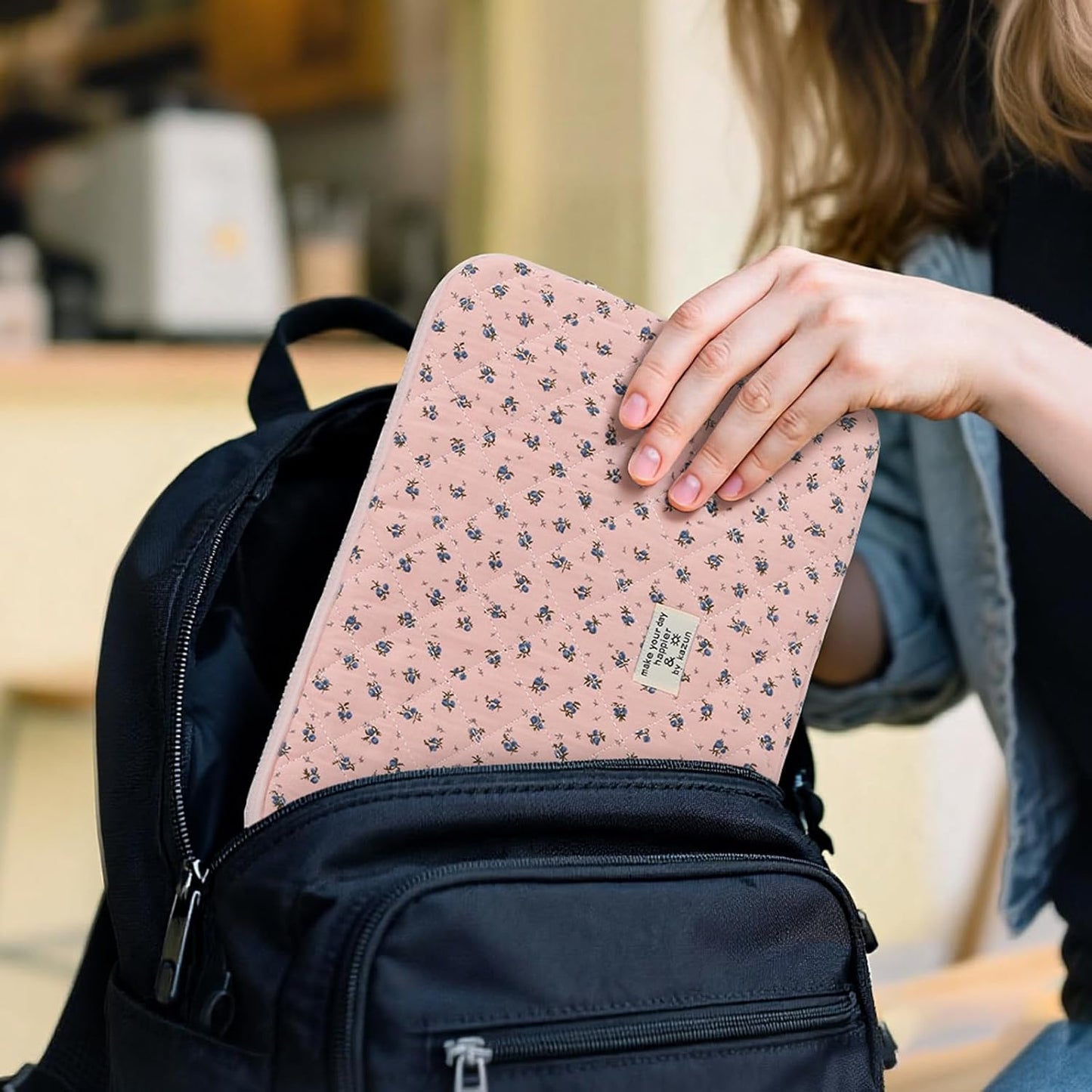 Puffy Laptop Sleeve 13-15.6 Inch Cute Quilted Laptop Protective Case Padded Floral Computer Sleeve for MacBook (A-Dark Pink, 15 Inch)