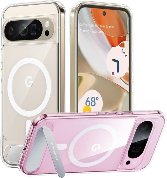 TORRAS Magnetic & Stand for Google Pixel 9 Pro XL Case Clear, Fit for MagSafe, 12FT Mil-Grade Drop Protection, Slim Fit for Google Pixel 9 Pro XL Phone Case with Built-in Kickstand, Diamond Clear