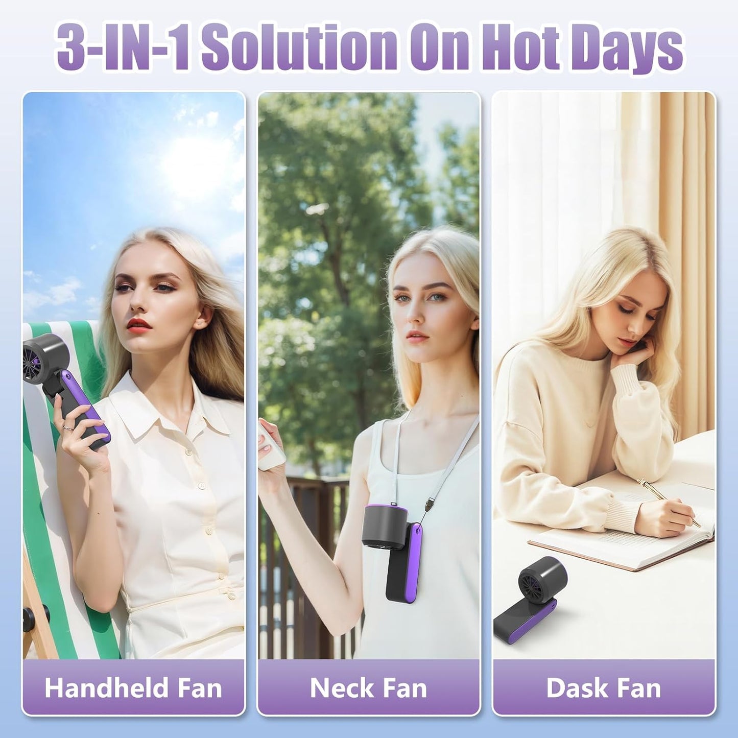 Portable Handheld Fan Rechargeable 100 Speeds Turbo Ice Cooling Fan Personal Mini Fan Small Foldable 3-IN-1 Neck/Desk/Hand Fan, Travel Essentials Gifts for Women Men/Grey