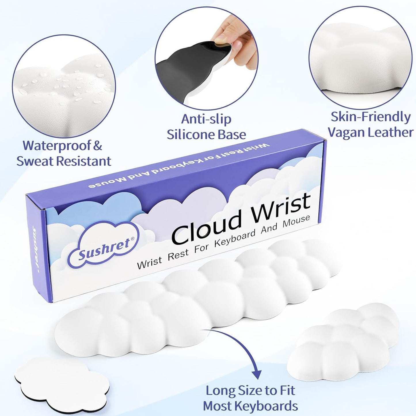Cloud Wrist Rest Keyboard, Cloud Keyboard Wrist Pad Set with PU Leather Memory Foam, Cute Arm Rest for Palm Support, PC/Gaming Desk Accessories/Office Setup/Computer Hand Cushion - White