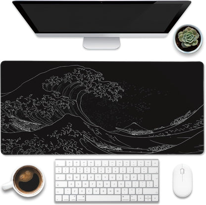 Desk Mat, Black Japanese Sea Wave Desk Pad, Extended Big Computer Keyboard Mouse Pad with Non-Slip Base and Stitched Edge, 35.4"x15.7"