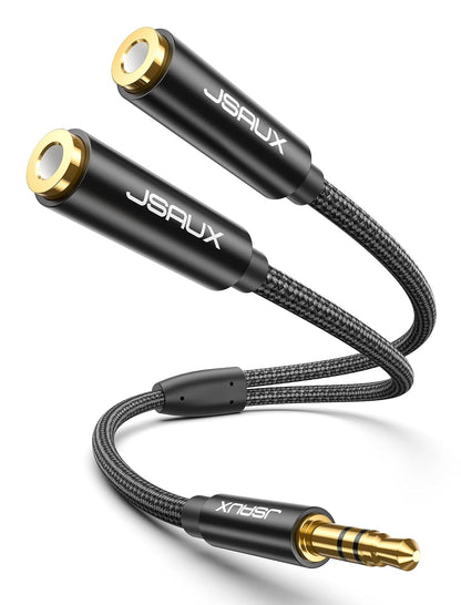 JSAUX Headphone Splitter, Audio Splitter 3.5mm Male TRS to 2 Dual 3.5mm Female Adapter Nylon-Braided Stereo Y Aux Cable for iPhone, Samsung, Tablets, Laptop, PlayStation and More [Black]