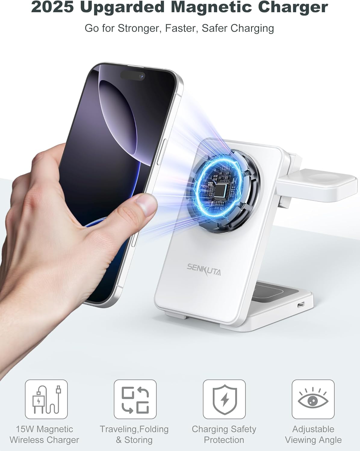 2025 Upgraded Wireless Charger for Apple: 3 in 1 Charging Station Foldable Fast for Apple iPhone 16/15/14/13/12 Max Plus Series - Portable Travel Charger for Apple Watch/Airpods Pro (White)