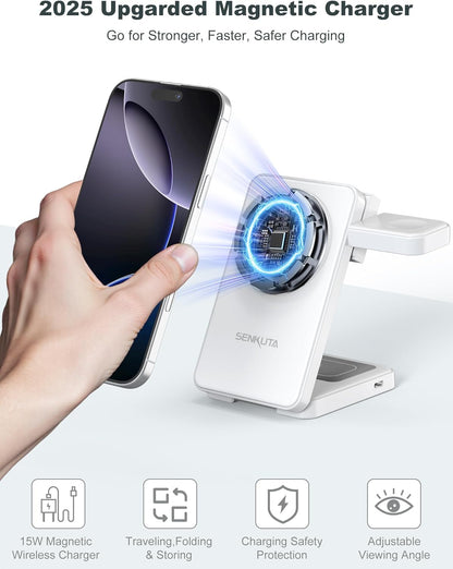 2025 Upgraded Wireless Charger for Apple: 3 in 1 Charging Station Foldable Fast for Apple iPhone 16/15/14/13/12 Max Plus Series - Portable Travel Charger for Apple Watch/Airpods Pro (White)