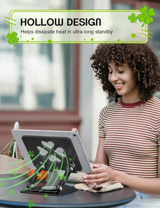 Tablet Stand for iPad, 360° Rotating Aluminum Desktop Holder – Adjustable & Foldable Desk Stand Compatible with iPad Pro 12.9/11, Air 10.9, Samsung Tab S9, Portable for Home Office, Black