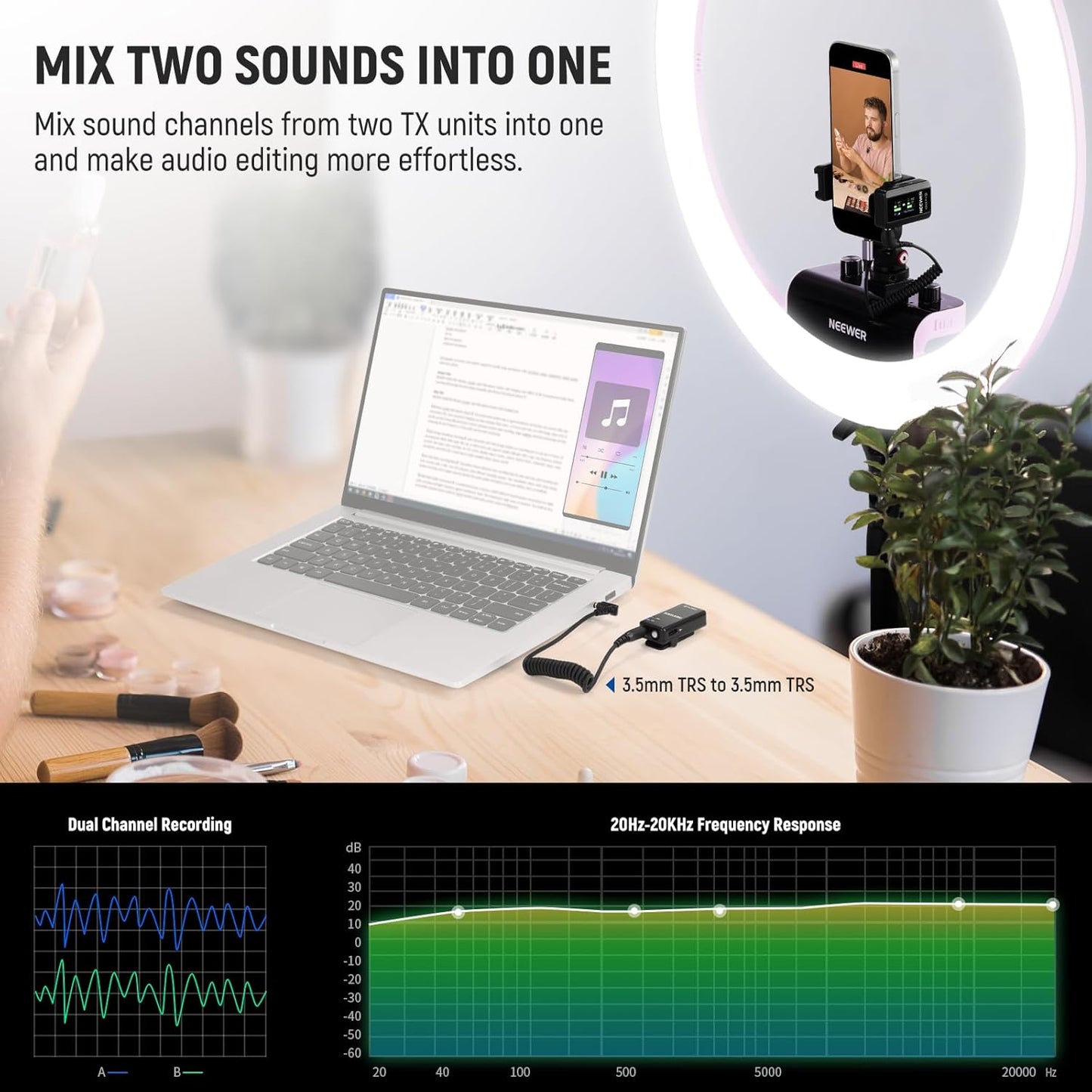 NEEWER CM28 PRO Wireless Lavalier Lapel Microphone System with Charging Case 48KHz 16 Bit Uncompressed Audio Noise Canceling 4GB Storage 9Hrs Recording Compatible with iPhone iPad Android Camera PC