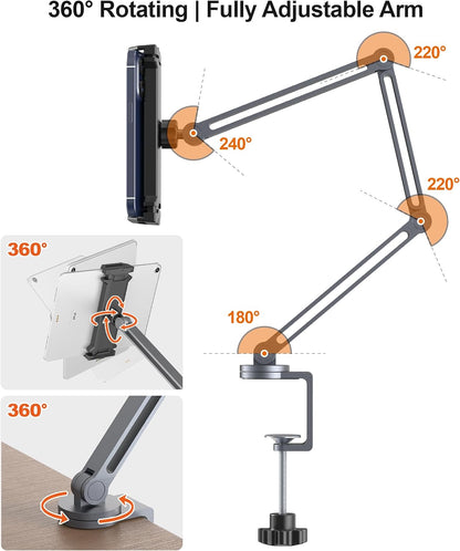 Tablet Arm Mount with Super Grip, Adjustable Foldable Holder & Heavy Duty Aluminum 360° Rotating Clamp for iPad, Phone, Monitor, Kindle - Universal for Desk, Bed, Kitchen - Gray
