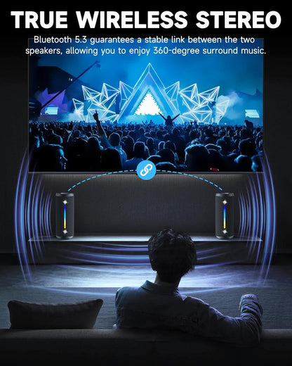 Bluetooth Speakers Wireless Loud Stereo Sound IPX7 Waterproof Outdoor Portable 25W Super Bass Speaker for Home Party Beach with 24H Playtime Colorful Lights BT5.3 TWS Pairing Birthday Gift Black
