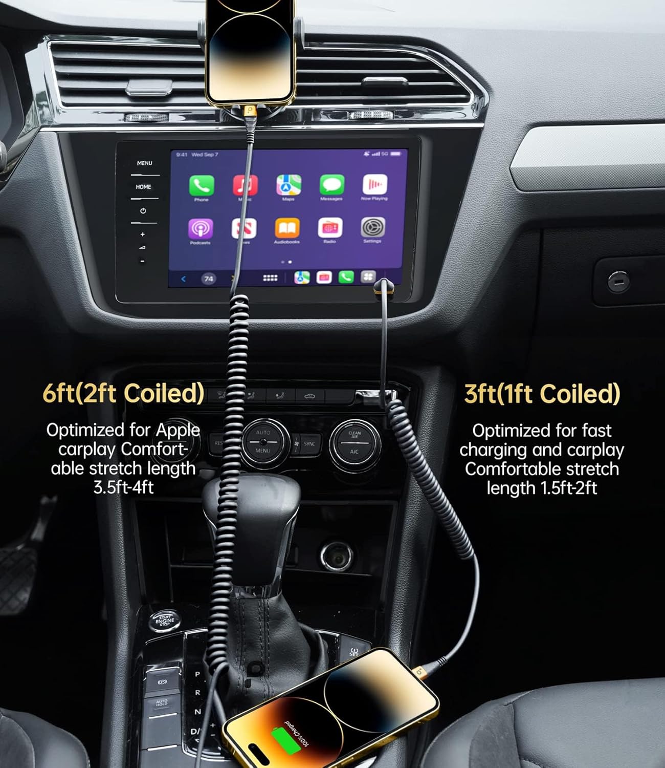 iPhone Charger Cable for Car, 2 Pack 5FT [Apple MFi Certified] Coiled Lightning Cable iPhone Charger Cord Compatible with iPhone 14/13/12/11 Pro Max/XS MAX/XR/XS/8/iPad/iPod/CarPlay-Gold