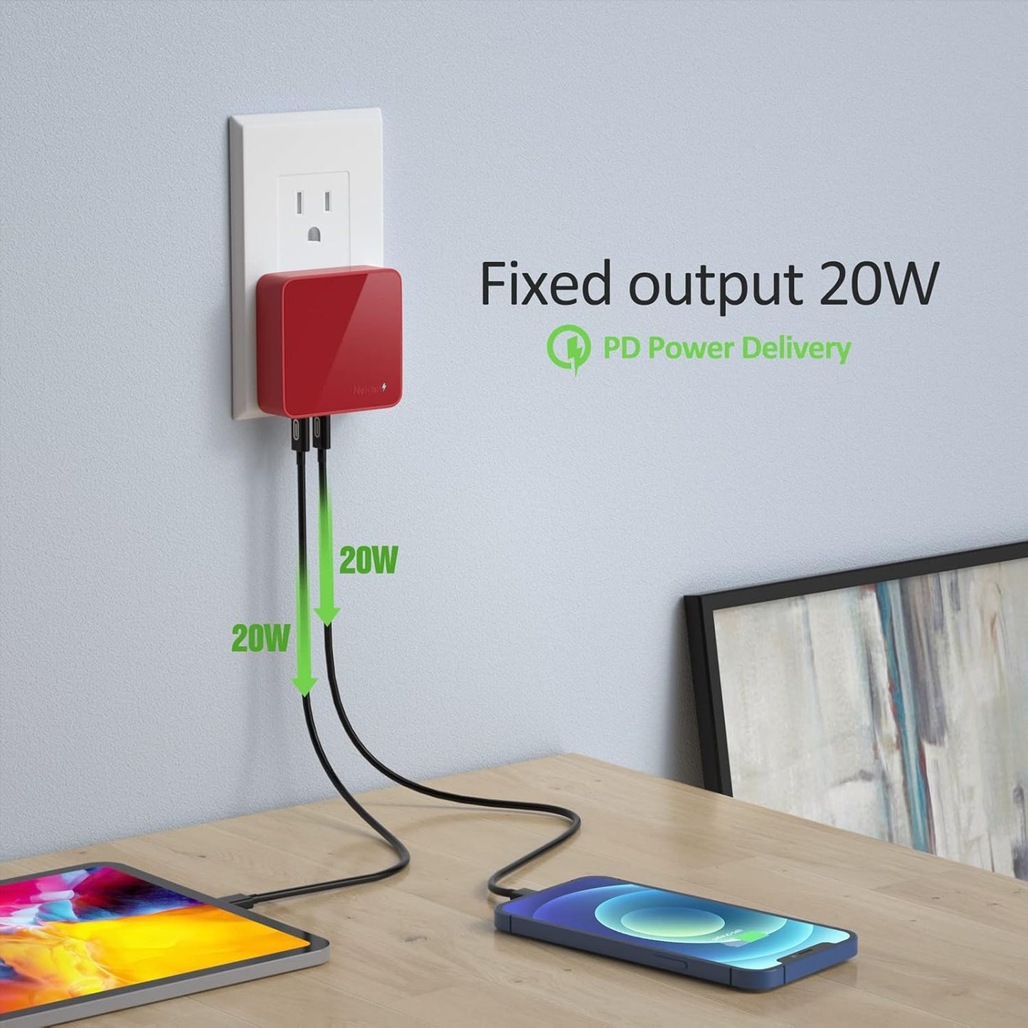 Nekmit USB C Charger, Thin Flat 52W 4-Port Fast Wall Charger with Two 20W Power Delivery and 2 USB Port for iPhone 13/13 Mini/13 Pro/13 Pro Max, Galaxy, Pixel, iPad Pro, AirPods Pro and More, Upgraded