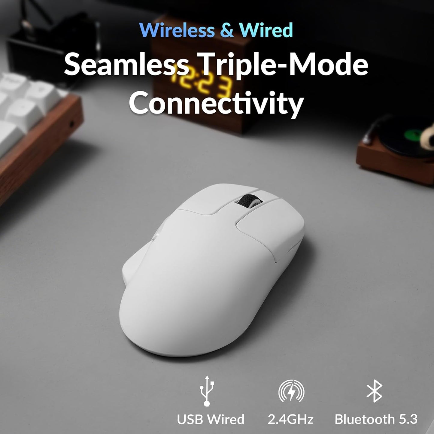 Keychron M7 8K Wireless Mouse, 30K DPI Optical Computer Mice, 2.4 GHz/Bluetooth/Wired with Macro Button 66g Lightweight Ergonomic, Up to 140 Hours Worktime for Laptop macOS/Windows - White