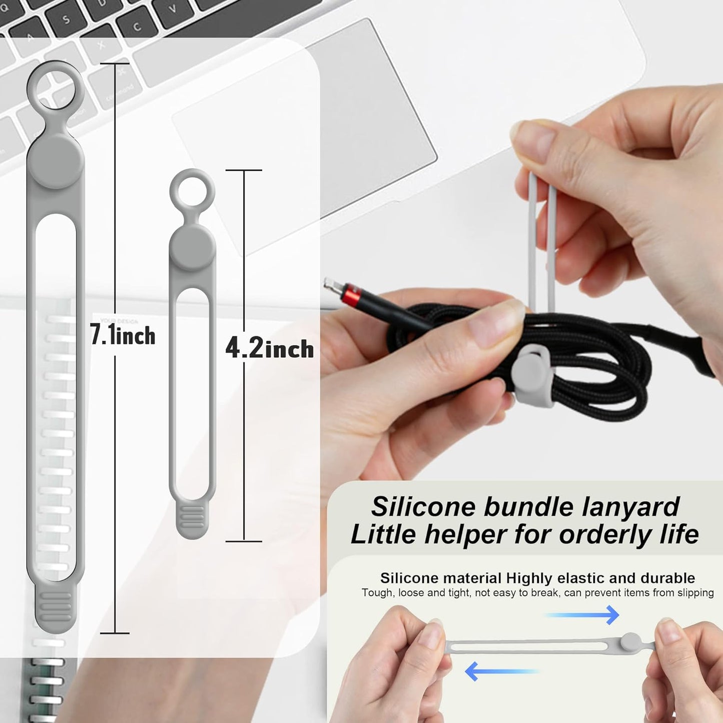 Nearockle Silicone Cable Ties Cord Organizer for Cable Management, 16PCS 4.2" and 7.1" Reusable Cable Organizer Electronic Accessories for Home, Office, Kitchen, School, Travel (Grey)