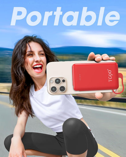 TG90° 5000mAh Ultra Slim Power Bank Built in Foldable AC Plug and Cables, Card Size Battery Pack Portable Charger for Phones, 4 in 1 External Battery Pack Compatible with iPhone, Samsung, Google