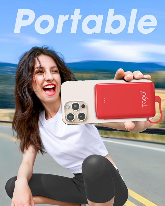 TG90° 5000mAh Ultra Slim Power Bank Built in Foldable AC Plug and Cables, Card Size Battery Pack Portable Charger for Phones, 4 in 1 External Battery Pack Compatible with iPhone, Samsung, Google