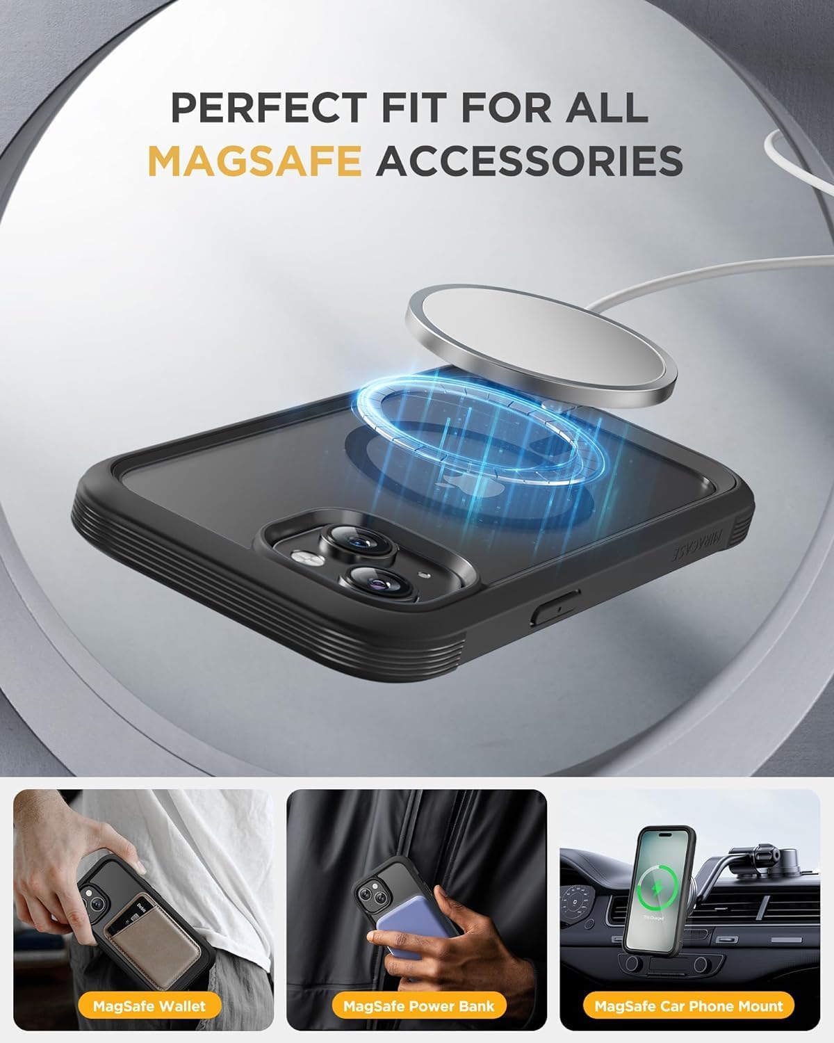 Miracase Magnetic for iPhone 15 Plus Case 6.7'' [Compatible with Magsafe] only for 15 Plus Phone Case Cover with Built-in 9H Tempered Glass Screen Protector,Magnetic Frosted Black