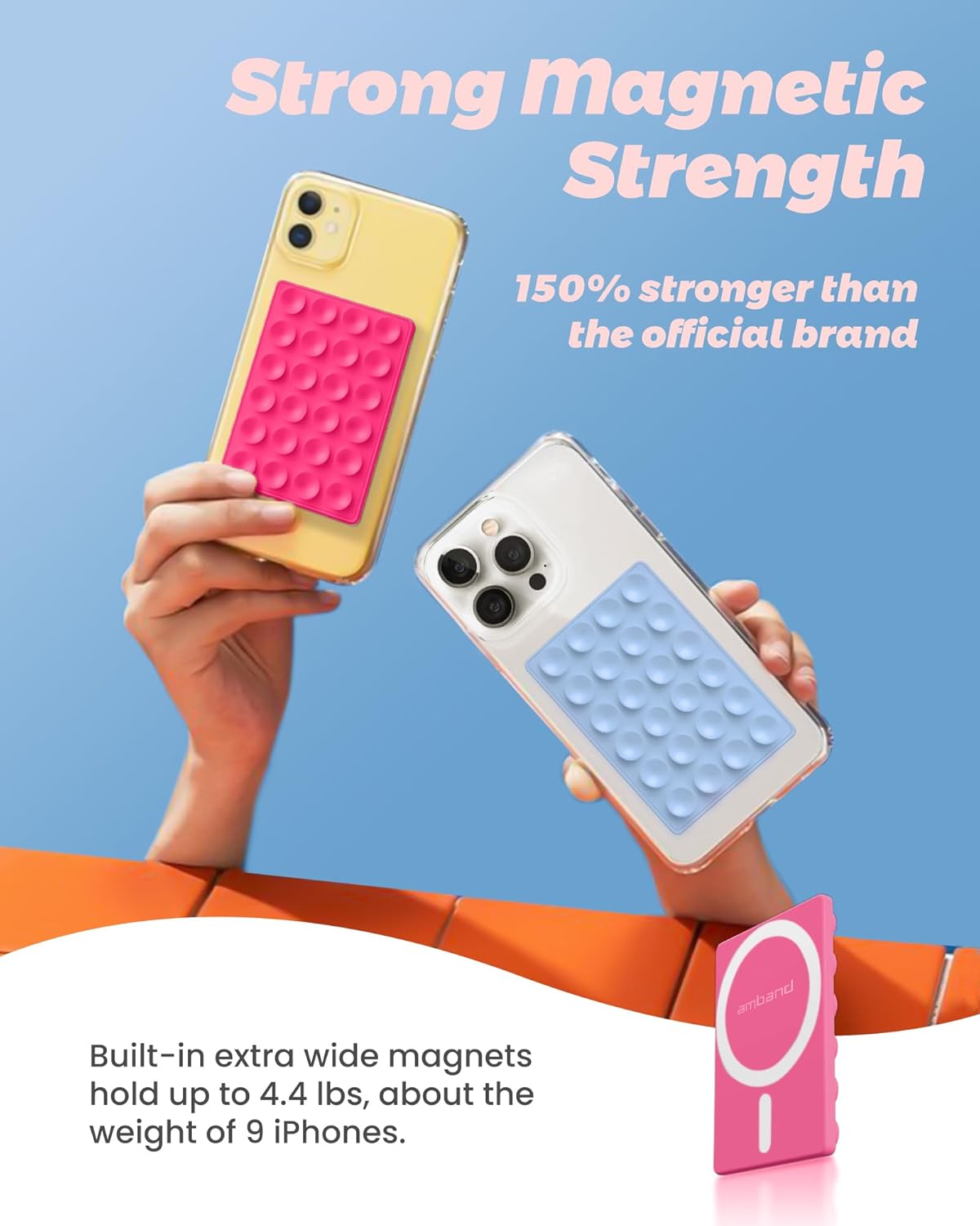 amBand Magnetic Suction Phone Mount for MagSafe Case, Silicone Sticky Grip Secure Holder for iPhone, Hands-Free Taking Photo/Recording Video/Live Streaming for Instagram Influencer/Creator, Hot Pink