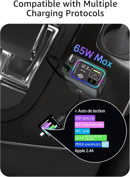 Retractable Car Charger USB C,145W Type C Car Charger Fast Charging with Dual Retractable USB C Cable and USB Ports, Compatible with iPhone 16/15,S25/24/23/22, Pixel 9/8/7