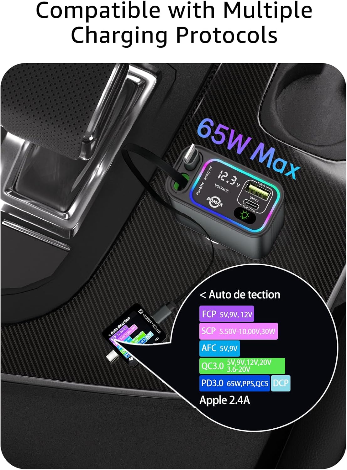 Retractable Car Charger USB C,107W Type C Car Charger Fast Charging with Dual Retractable Cable and USB Ports, Compatible with iPhone 16/15/14/13,S25/24/23/22, Pixel 9/8/7