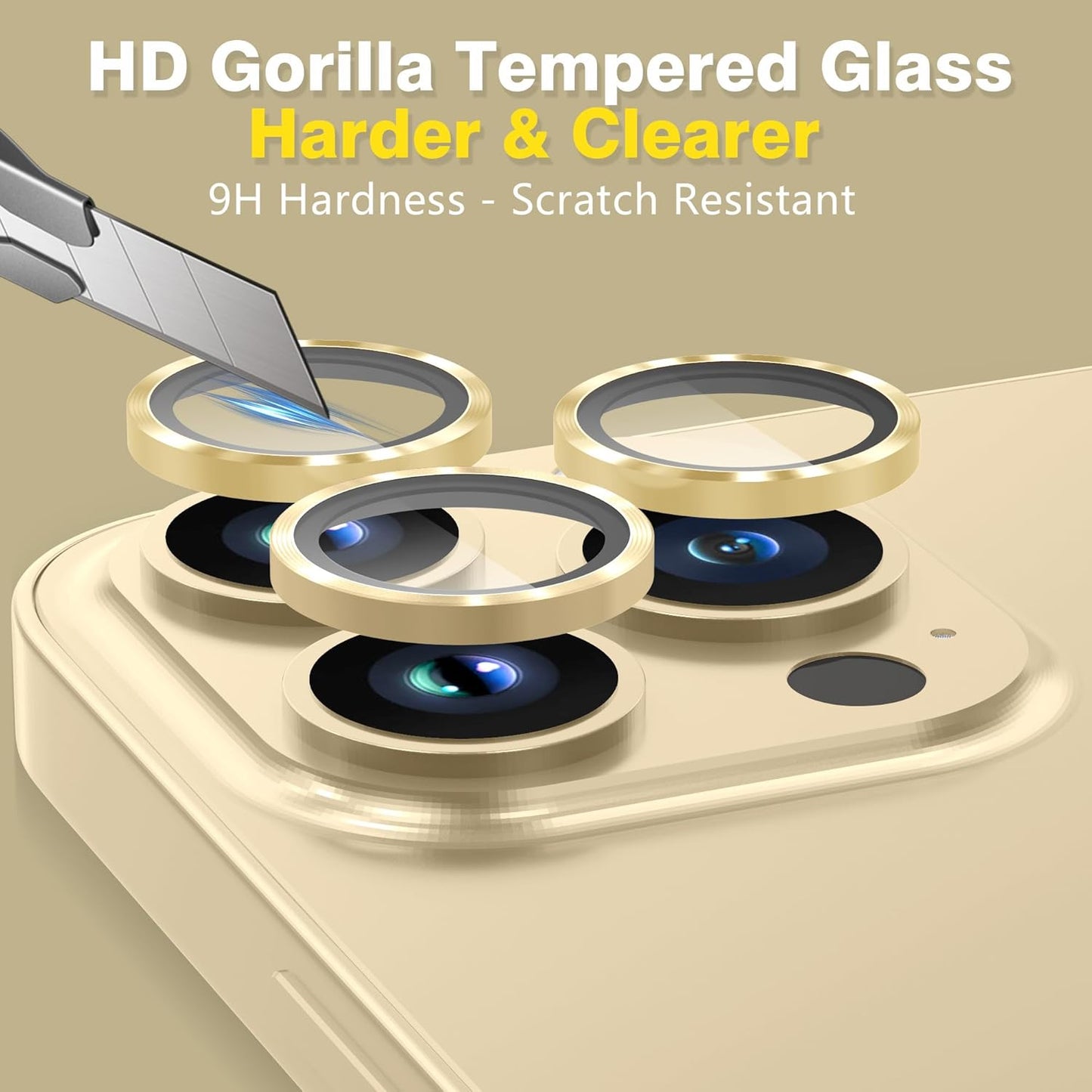 AGVEE 3+3 for iPhone 14 Pro 6.1" / 14 Pro Max 6.7" Camera Lens Protector, Brushed Metal Ring 9H Tempered HD Glass Camera Protector Cover Film, Gold