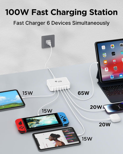 Aiminu USB C Charger Block Charging Station 6-Port 100W GaN USB C Fast Charging for Multiple Devices PD 3.0 Type C & USB A Wall Charger Power Adapter for All iPhone iPad Samsung Android Pixel Series