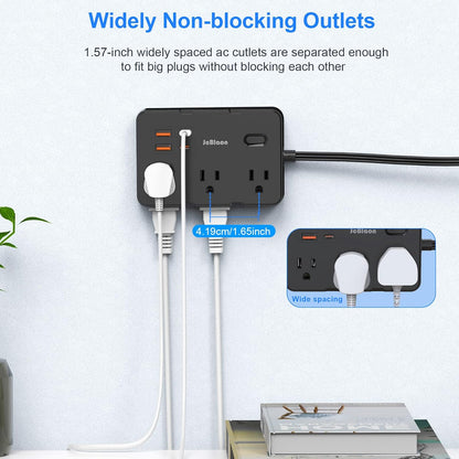Flat Plug Power Strip Surge Protector, 5ft Ultra Thin Extension Cord with 4 USB Wall Charger(2 USB C Port), 6 Widely-Spaced Outlets Power Strip Compact for Travel, Office, Dorm Room Essentials (Black)