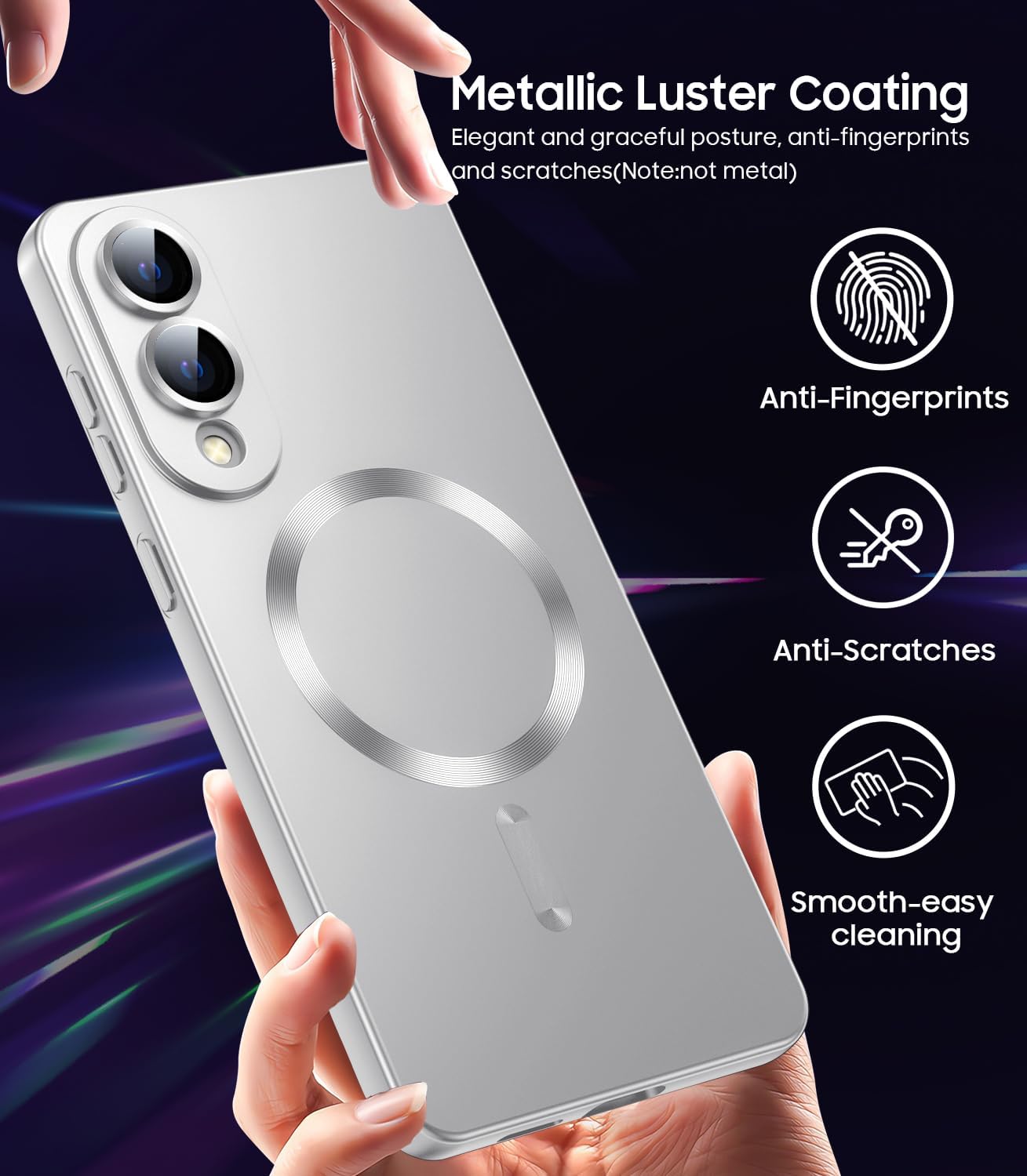 Magnetic for Samsung Galaxy S25 Edge Case [Compatible with MagSafe][Built-in Camera Lens Protector] Slim Soft Silicone Bumper Shockproof Metallic Luster Phone Case (Silver)