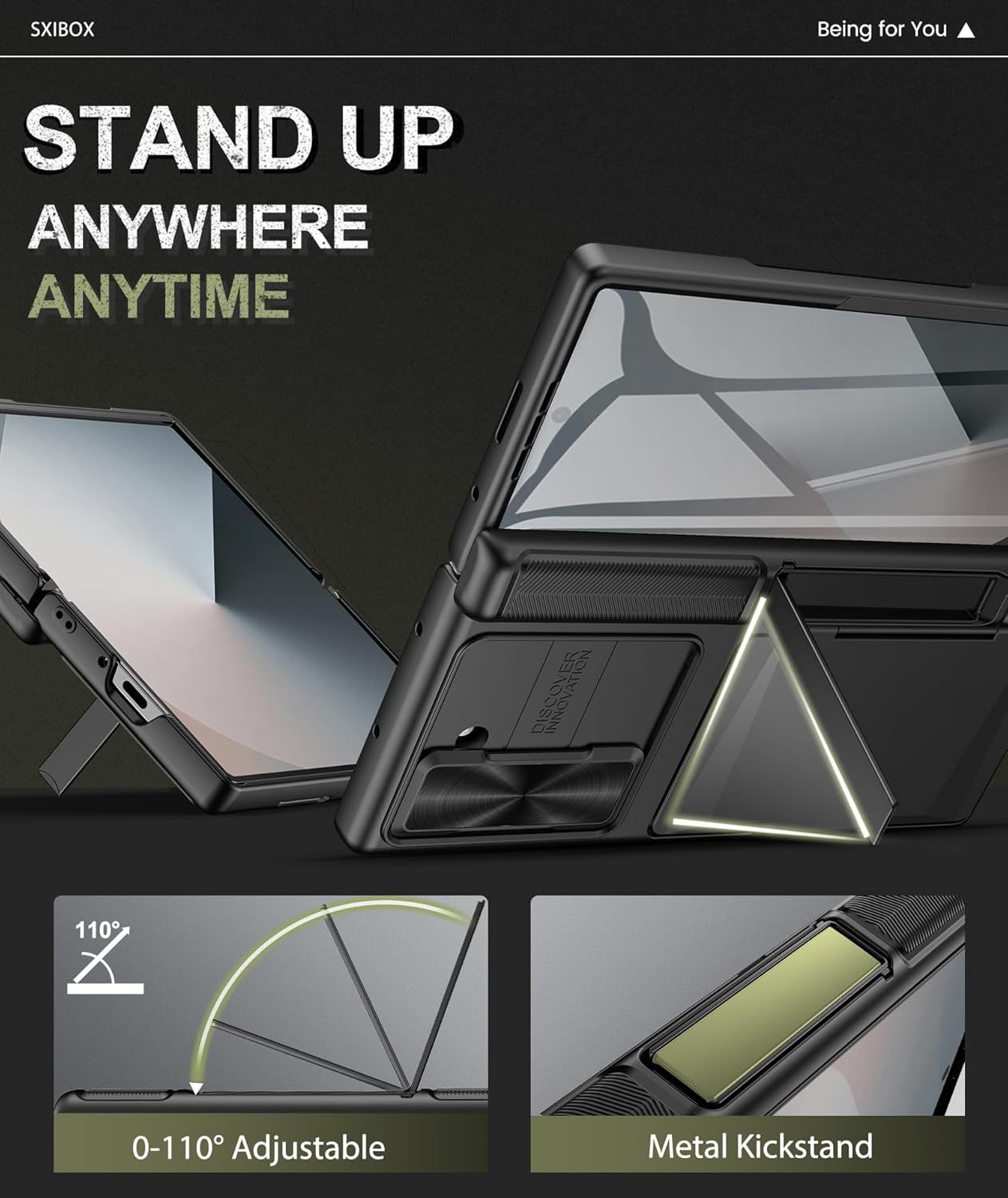 for Galaxy Z Fold 6 Case with Card Holder & Kickstand & Hinge Protection & Sliding Lens Cover, Built-in Screen Protector, Rugged Wallet Phone Case for Samsung Z Fold6, Black