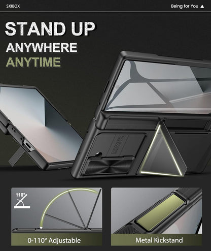 for Galaxy Z Fold 6 Case with Card Holder & Kickstand & Hinge Protection & Sliding Lens Cover, Built-in Screen Protector, Rugged Wallet Phone Case for Samsung Z Fold6, Black