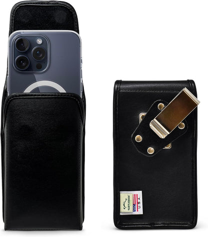 Turtleback Belt Clip for iPhone 16 Pro Max, 15 Pro Max, 14 Pro Max -Small- Fits w/Slim MagSafe Style Cases, Premium Black Leather, Vertical Belt Holder, Magnetic Closure HD Rotating Belt Clip