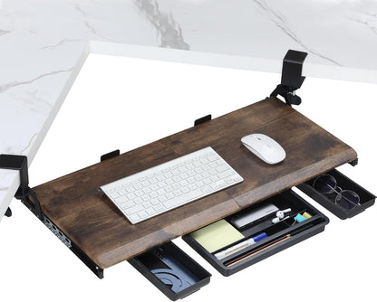 ETHU Keyboard Tray Under Desk, Ergonomic Corner Keyboard Tray with 180° Adjustable C Clamp for L Shape Desk 26.77" X 12.2" Easy to Install, Computer Keyboard Stand for Home and Office(Wood)