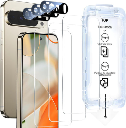 SMARTDEVIL [3+1 Pack Screen Protector For Google Pixel 9 Pro XL With Camera Lens Protector, FingerPrint Reader Compatible, Clear 9H Tempered Glass Film, Fast & Easy Installation, Alignment Frame