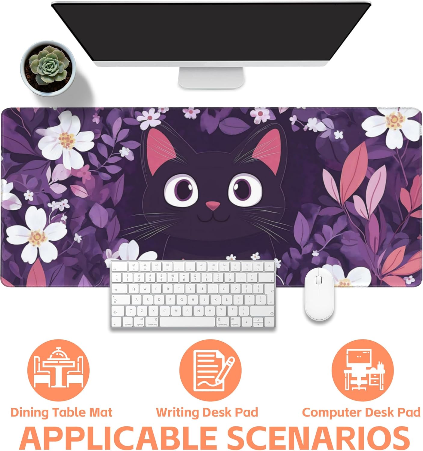 Mouse Pad Large Cat Hiding in The Floral Non-Slip Game Desk Mat with Stitched Edge Laptop Keyboard Desk Pad for Work Home Gaming (35.4 x 15.7 Inches)