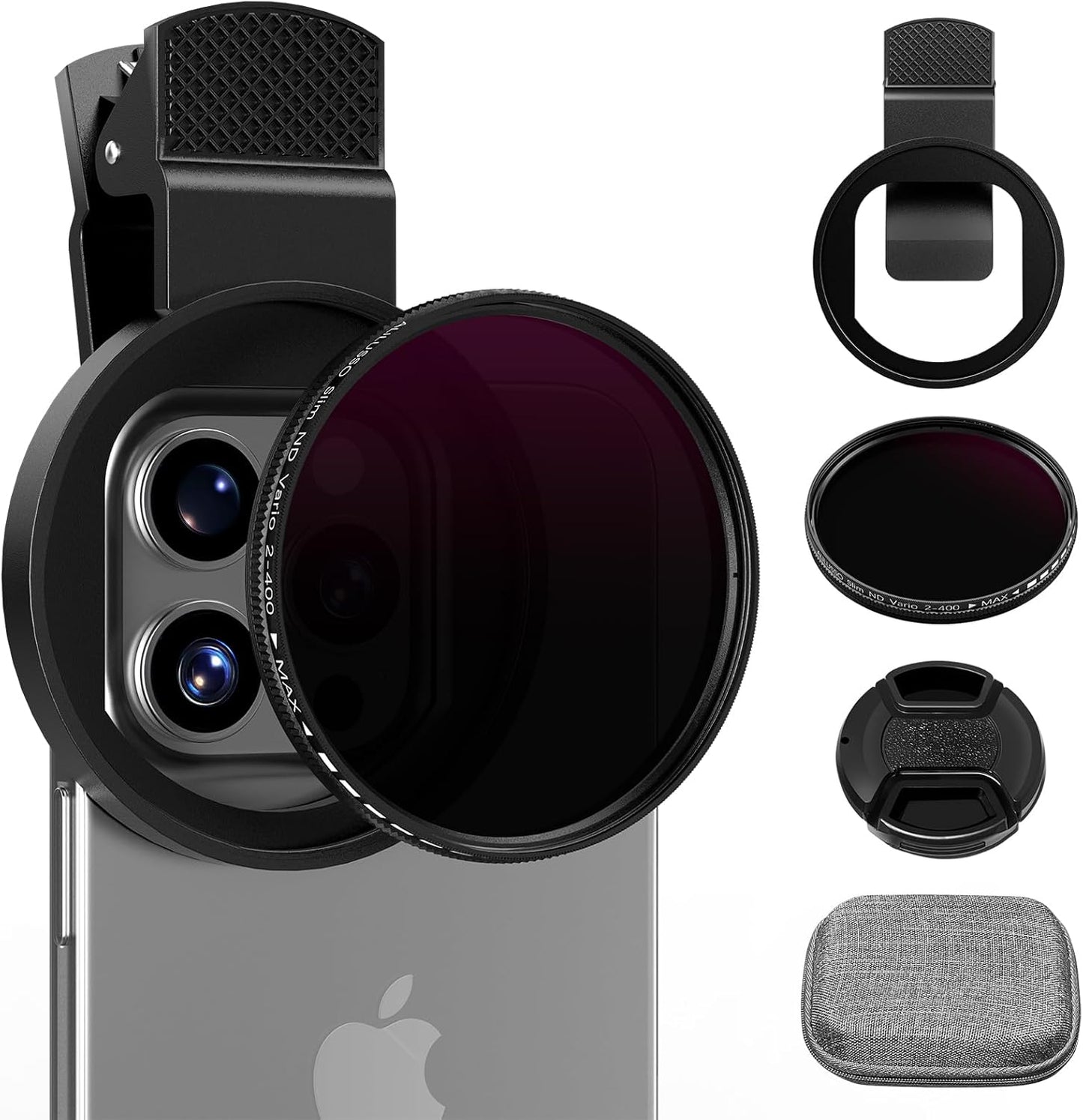 52mm Variable ND2-ND400 Filter with Upgraded Phone Clip, Neutral Density Filter Lens for iPhone 16/15/14/13 Pro Max Samsung Moto Google TCL, HD Double-Sided Multi-Coated Glass